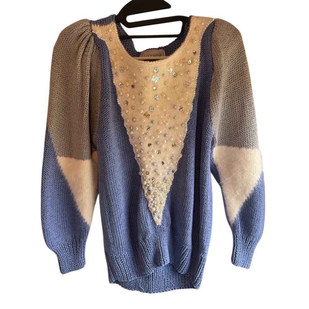 Vintage Nannette Blue Cream pearl Beaded Bib Knit iceskater fairy Sweater Small